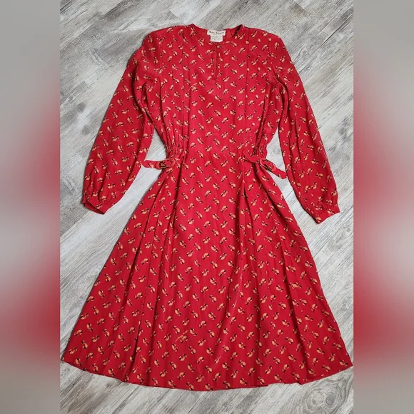 Salvatore Ferragamo Vintage Red All Over Print Dress 100% Silk 80s Size 44 - Picture 10 of 13
